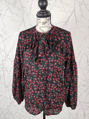 Harve Benard Dark Floral Tie Neck Lantern Sleeve Blouse